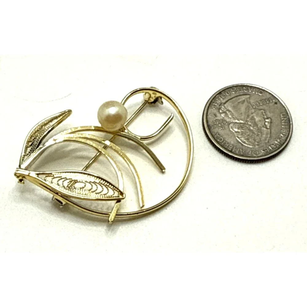 VINTAGE Filigree Leaf Faux Pearl Brooch Gold Tone Leaves Pin 2